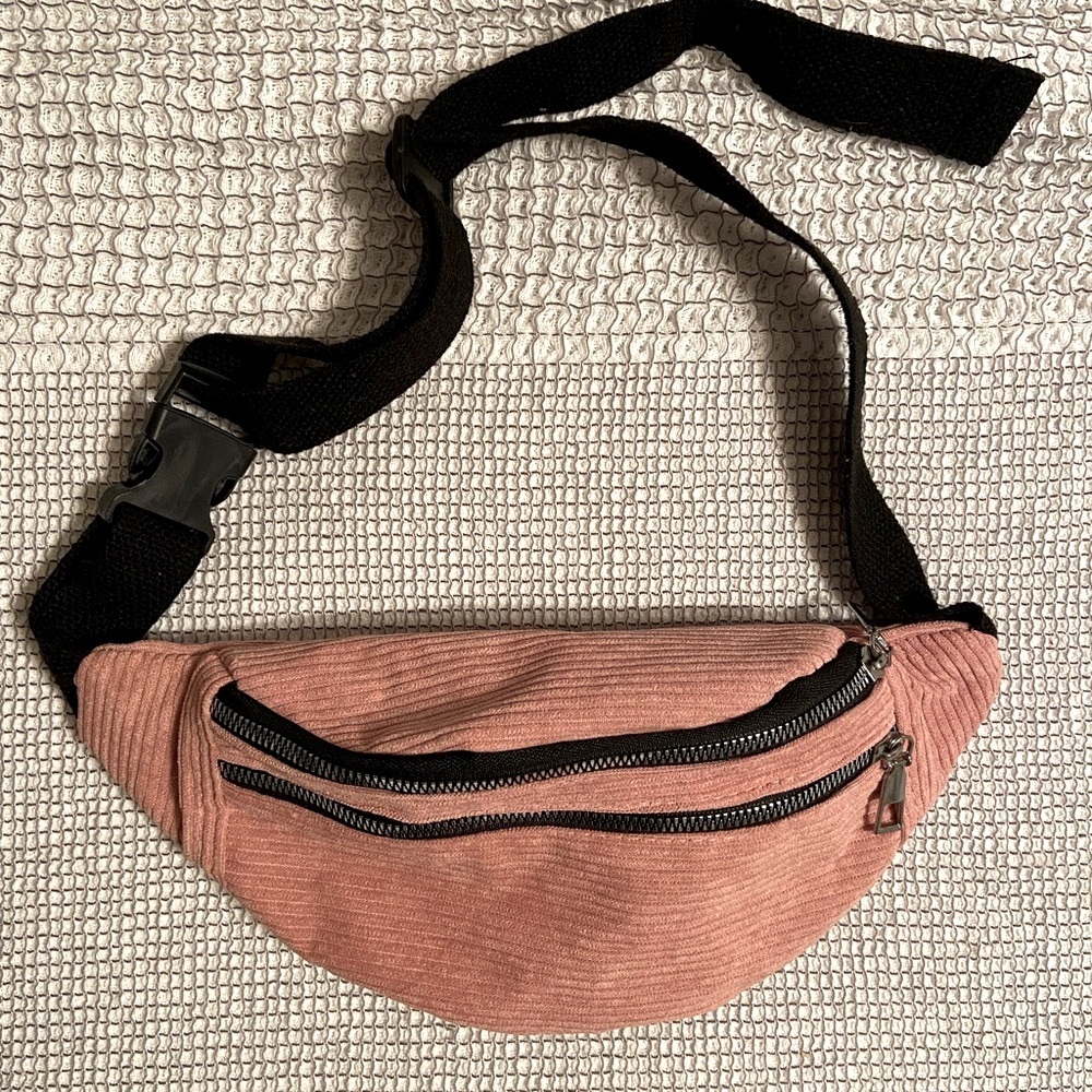 🟩🪷Women's Pink Double Zip Front Pockets Corduroy Adjustable Strap Fanny Pack - Picture 2 of 5